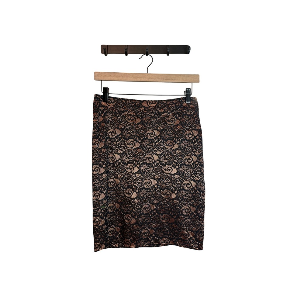 Forever 21 Metallic Bronze Black Floral Lace Pencil‎ Skirt Medium Holiday Party